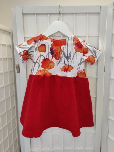 Children's muslin dress - poppies with red