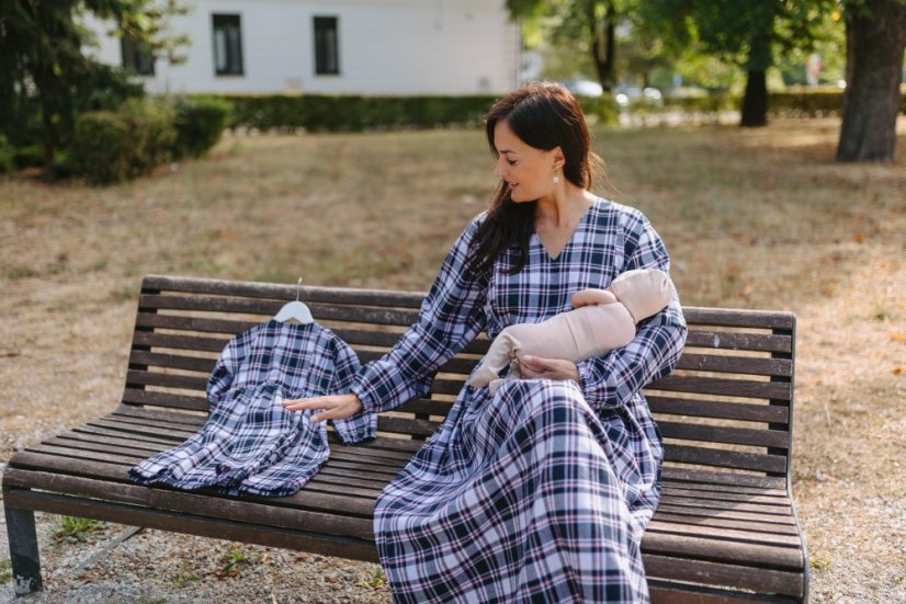"Boho Flanel" dress MUM AND DAUGHTER - blue-pink cubes - Size: 3XL/4XL