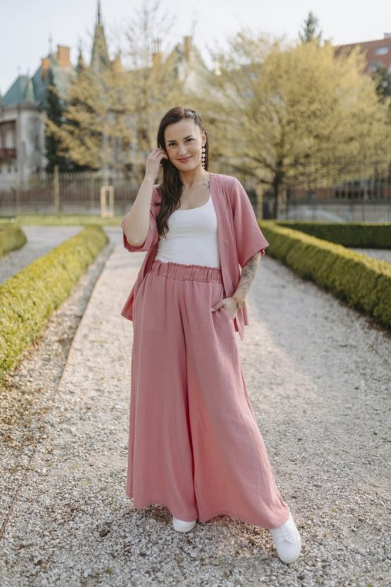 Dlouhé mušelínové maxi kalhoty - Tmavá starorůžová - Velikost: XL/2XL