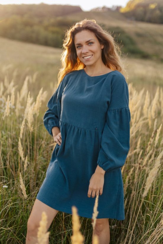 Linen dress with PUFF sleeves - petrol - Size: 3XL/4XL