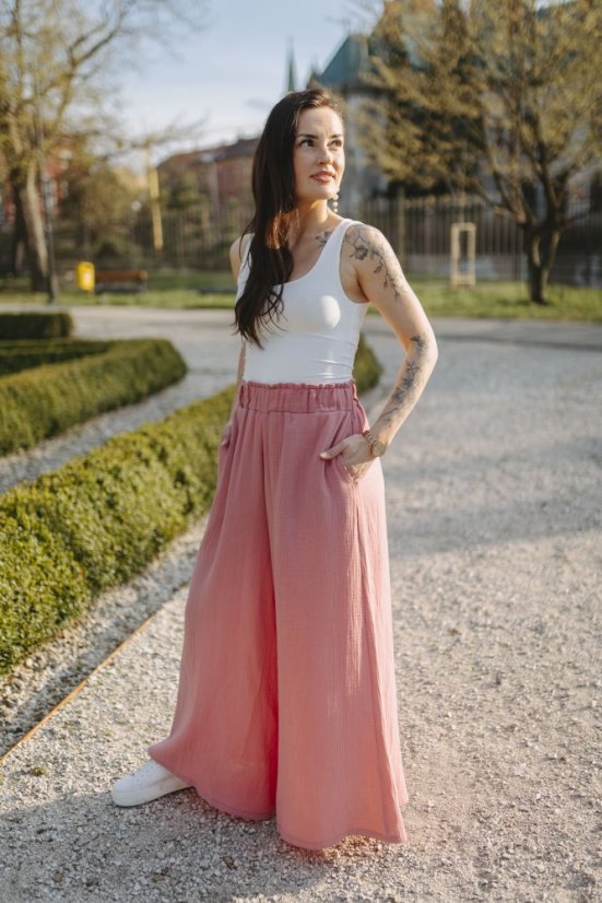 Dlouhé mušelínové maxi kalhoty - Tmavá starorůžová - Velikost: XL/2XL