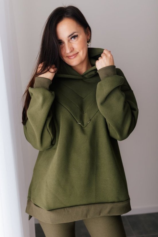 Asymetrická teplá mikina – khaki zelená - Velikost: UNI