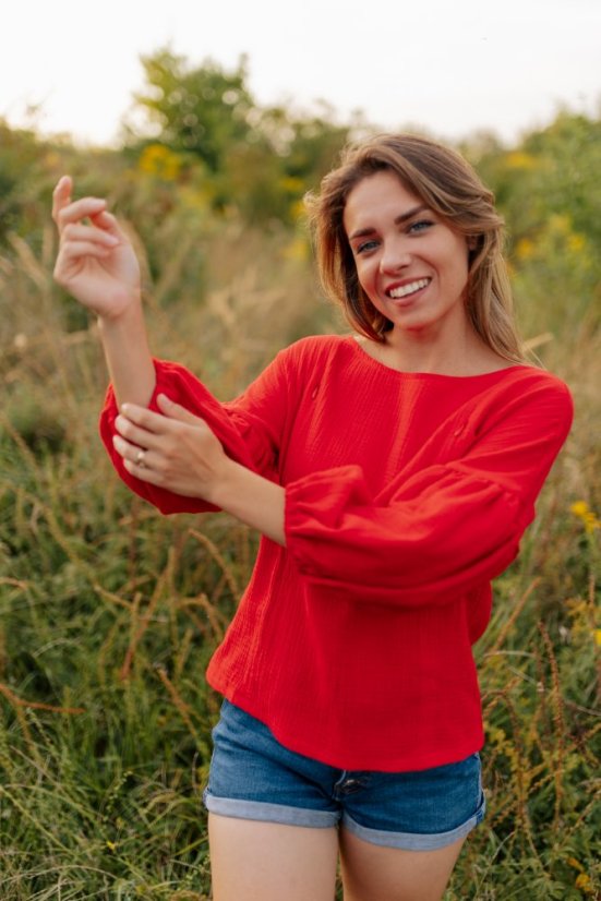 Mušelínová halenka s PUFF rukávy - červená - Velikost: XS/S