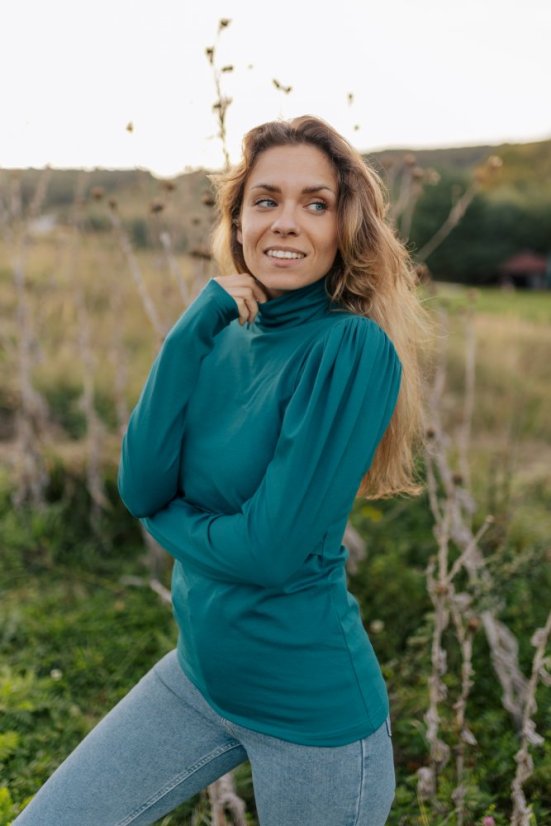Elegantní rolák s puff rukávy - Petrol - Velikost: 2XL