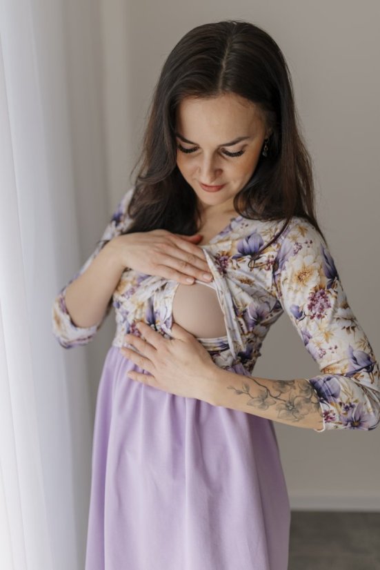 Dámské šaty „Bohemie“ – LILA kvety - Velikost: M