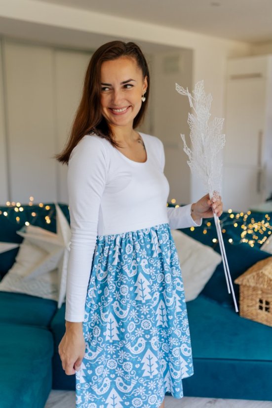 Christmas dress with gathered skirt - Blue birds