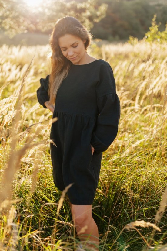 Linen dress with PUFF sleeves - Black - Size: M/L
