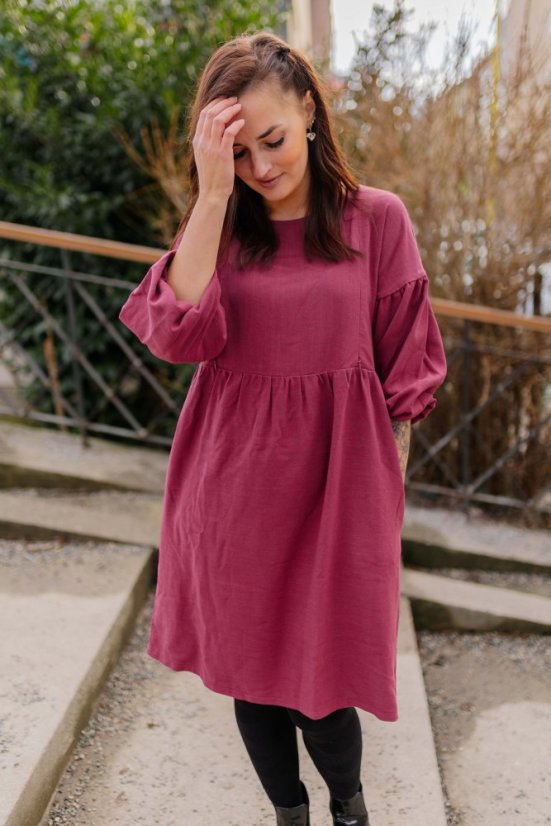Linen dress with PUFF sleeves - Burgundy - Size: M/L