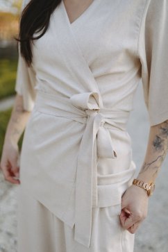 Krátké lněné kimono - Písková