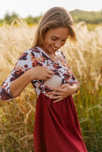 Breastfeeding dress - burgundy peonies - Size: S