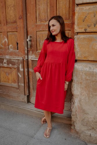 Linen MIDI dress with PUFF sleeves - Various colors