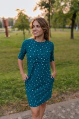 Straight dress with pockets - gold hearts on petrol