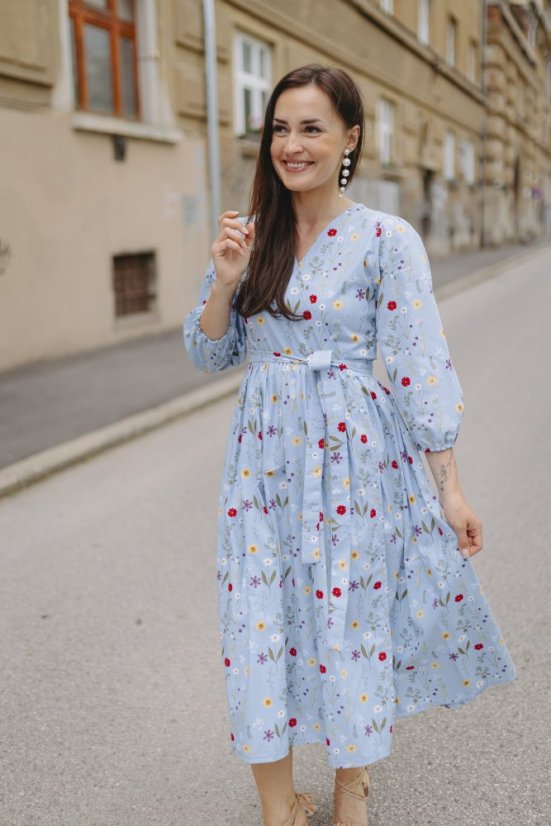 Popelínové zavinovací šaty - MÁMA A DCERA - světle modré květiny - Velikost: M/L