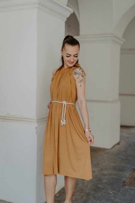 Bambusové šaty ke kojení – Karamel - tmavší - Velikost: UNI, Délka: MIDI