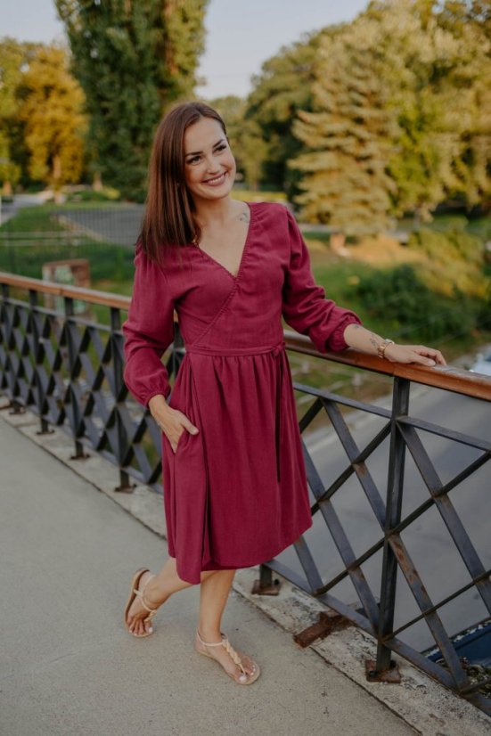 Linen wrap dress - bordó - Size: XS/S