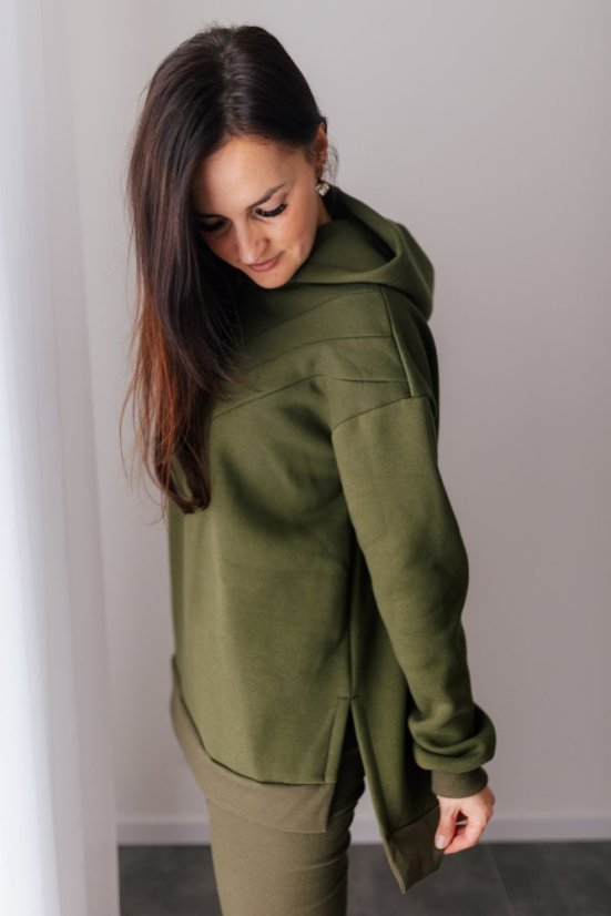 Asymetrická teplá mikina – khaki zelená - Velikost: UNI