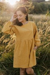 Linen dress with PUFF sleeves - mustard