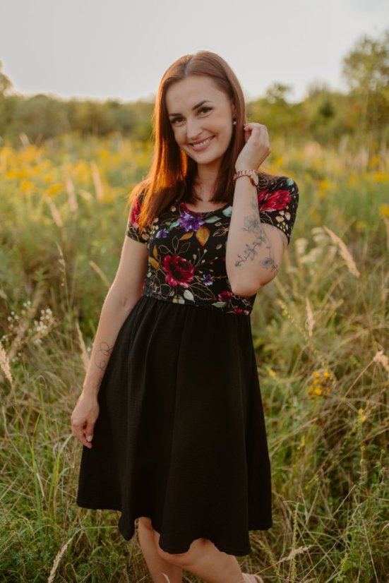 Muslin dress - gold flowers with black - Size: XS