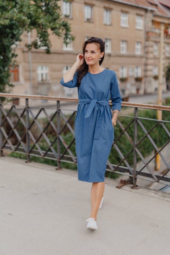 Denim midi dress with pockets - different colors and patterns