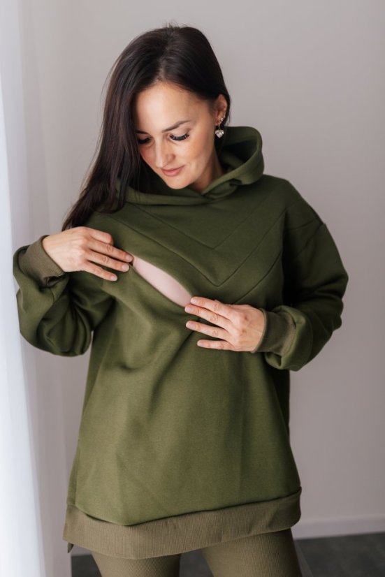 Asymetrická teplá mikina – khaki zelená - Velikost: UNI