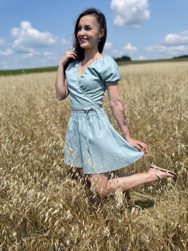 Lněný krátký set - Žlutá a tmavá máta