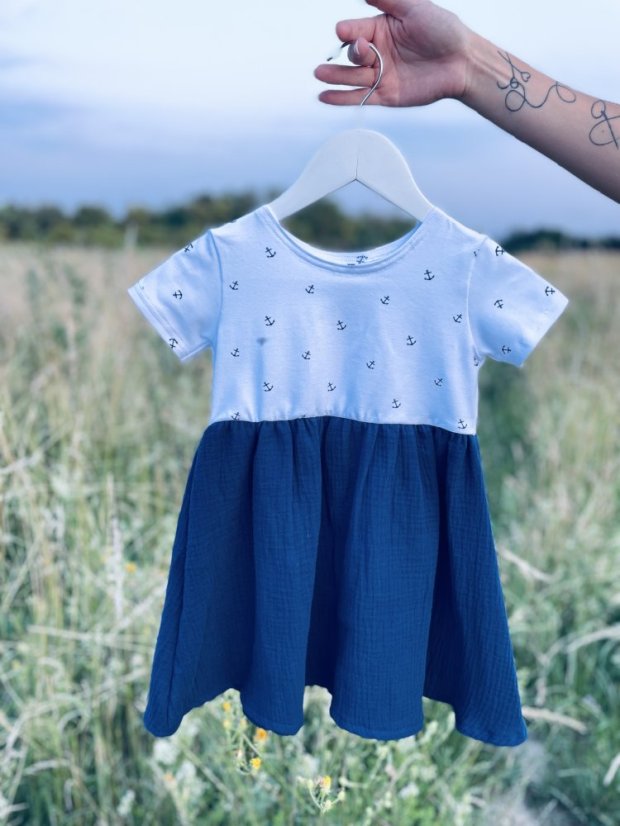 Girls Dress with Muslin Skirt - Anchor Pattern