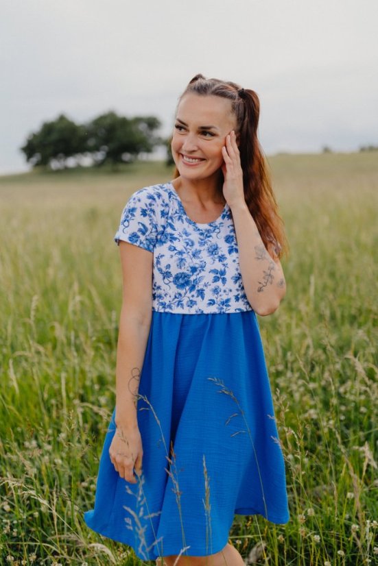 Dress "Bohemia" Muslin - blue flowers - Size: L