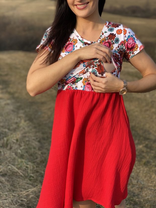 Muslin nursing dress - red folk - Size: XL