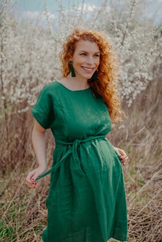 Lněné MIDI šaty ke kojení – zelená
