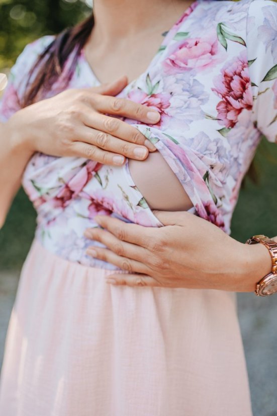 Mušelínové šaty ke kojení - MAMA a DCERA – rúžové pivonky - Velikost: XS