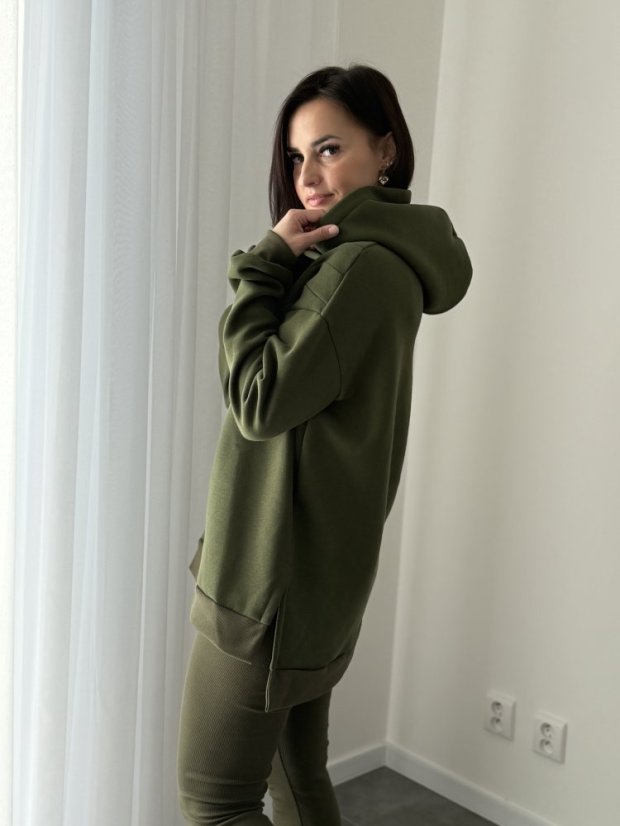ELARA SET – asymetrická mikina & žebrované legíny - khaki zelená - Velikost: L