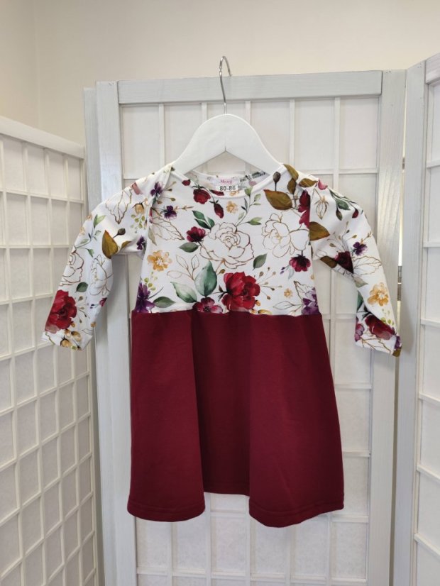 Girls' sweatshirt dress with gathered skirt - golden flowers with burgundy - Children's clothing size: 80-86