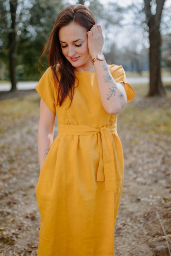 Lněné MIDI šaty – Hořčicová - Velikost: 3XL/4XL