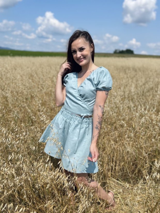 Lněný krátký set - Žlutá a tmavá máta - Barva set: Tmavá máta, Velikost: M/L