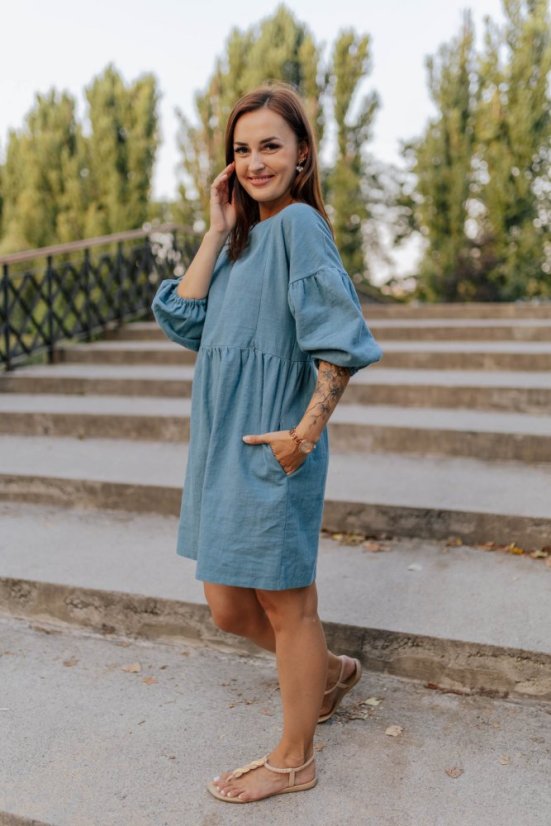 Linen dress with PUFF sleeves - dark mint - Size: XS/S