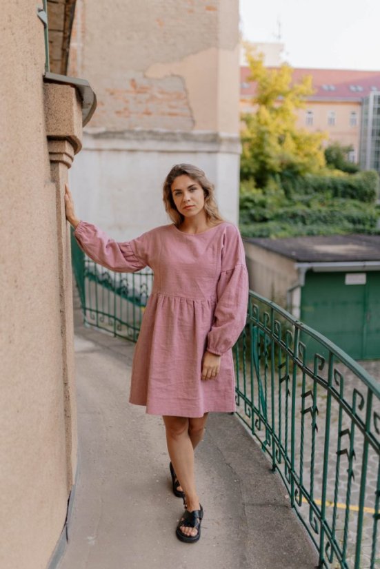 Linen dress with PUFF sleeves - Old pink - Size: XL/2XL
