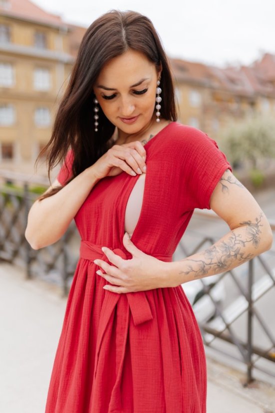 Maxi BOHO mušelínové šaty -  MAMA A DCERA - tmavě červené - Velikost: L/XL, Velikost dětské oblečení: 92-98