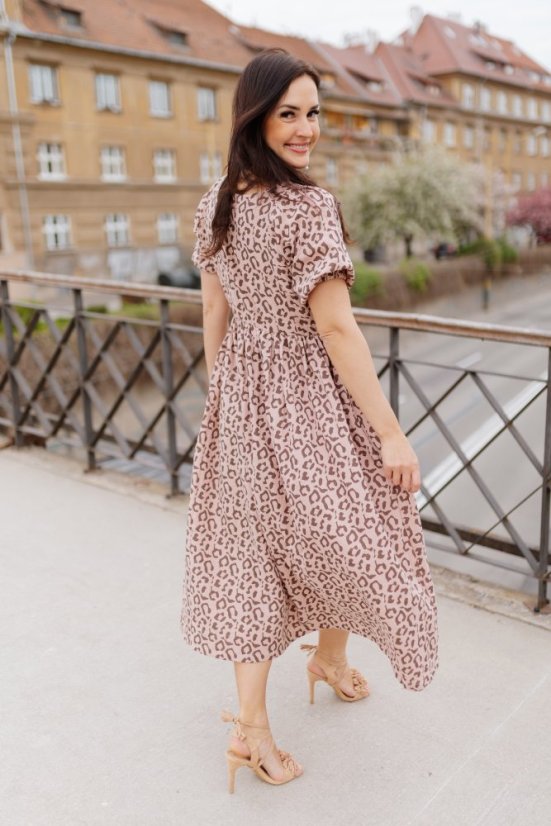 "Boho Breeze" dress MUM AND DAUGHTER - leopard - Size: XS/S, Variant: Classic, Length of the sleeve: short, Length: Long, Belt: With a belt, Children's clothing size: 92-98, Pockets: with pockets