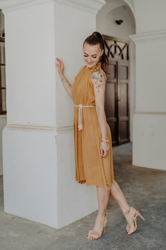 Bambusové šaty ke kojení – Karamel - tmavší - Velikost: UNI, Délka: MIDI