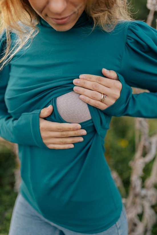 Elegantní rolák s puff rukávy - Petrol - Velikost: 2XL