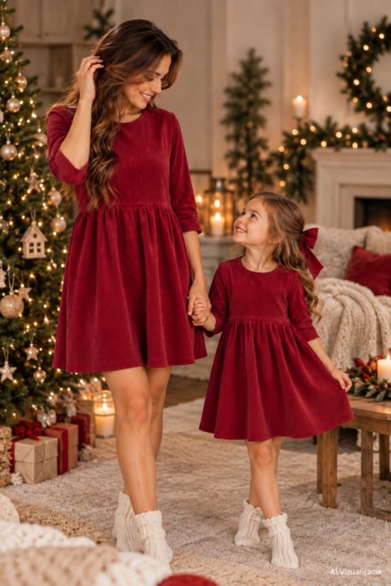 BASIC Corduroy Dresses - Mother & Daughter - burgundy - Size: 3XL/4XL