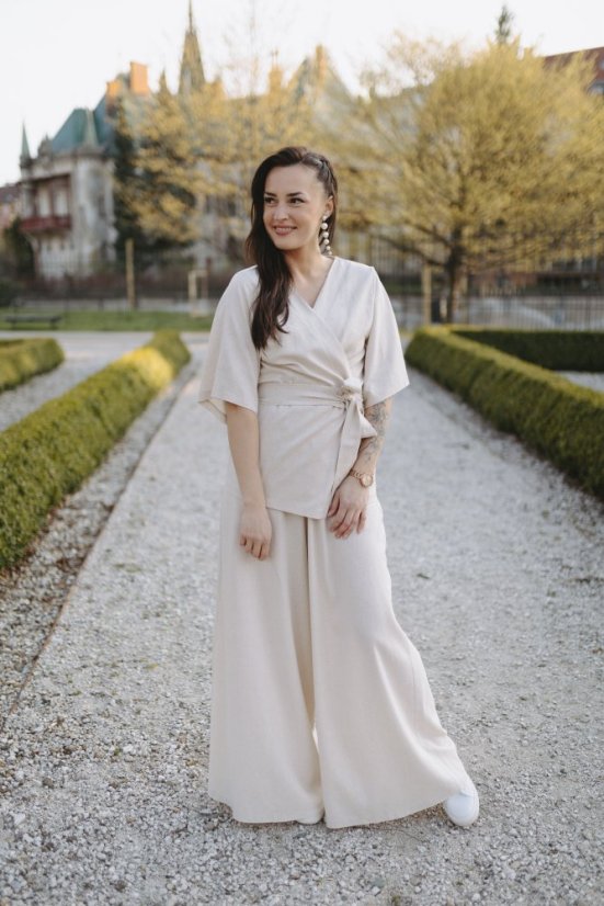 Dlouhé lněné maxi kalhoty - béžové - Velikost: XXS