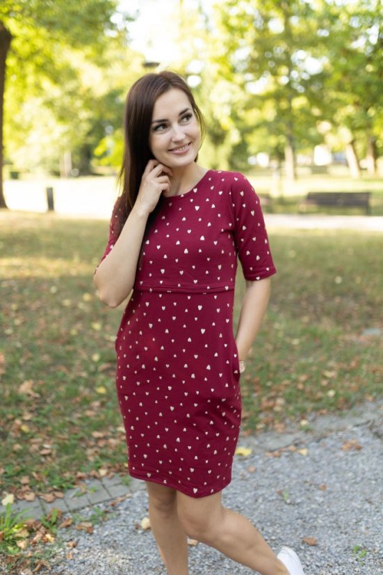Straight dress with pockets - Gold hearts on burgundy