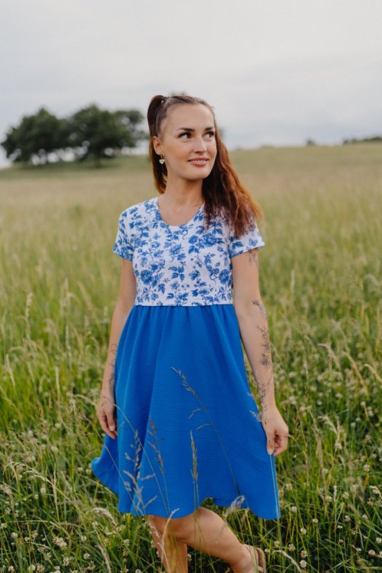 Mušelínové šaty ke kojení - MAMA a DCERA –modré květiny - Velikost: S
