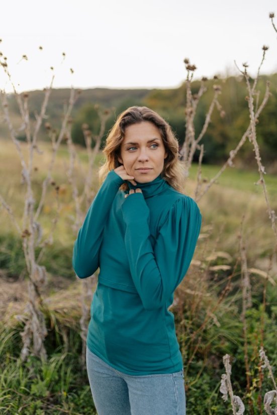 Elegantní rolák s puff rukávy - Petrol - Velikost: 2XL
