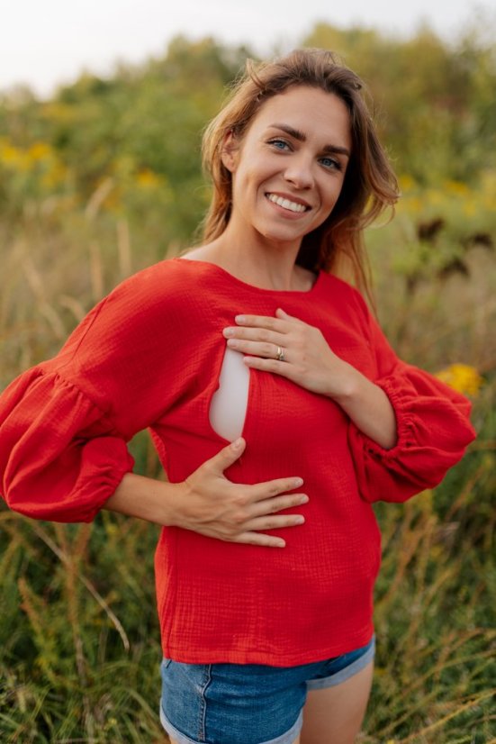 Mušelínová halenka s PUFF rukávy - červená - Velikost: XS/S