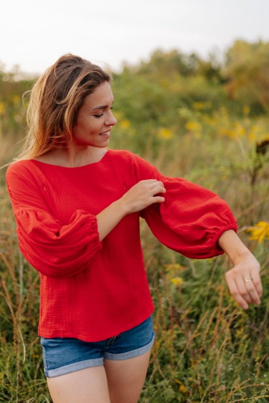 Mušelínová halenka s PUFF rukávy - červená - Velikost: XS/S
