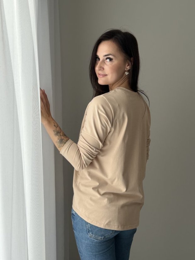 Bavlněné oversize prodloužené tričko - béžová