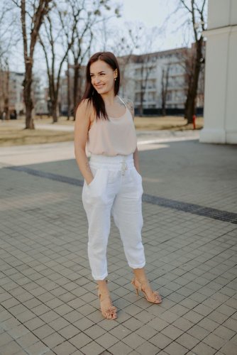 Dámské lněné kalhoty s vysokým pasem - bílé - Velikost: UNI 2 (L -XL)