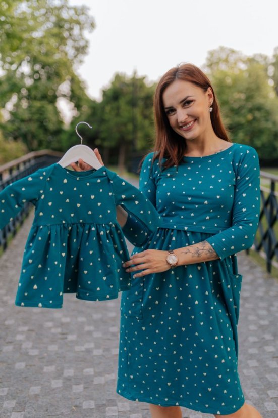 Girls tracksuit dress - gold hearts on petrolej